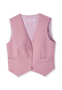 Gilet senza maniche rosa con scollatura a V, tre bottoni e due tasche frontali; realizzato in tessuto liscio con interno foderato.