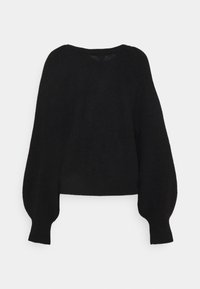 Maglione nero a maniche lunghe, lavorato a maglia, con maniche a palloncino e polsini e orlo a costine, esposto su uno sfondo bianco semplice.