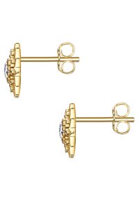 Auksiniai auskarai su gėlių motyvu, turintys centrą su skaidriu akmeniu ir sudėtingu dekoru aplink kraštus.