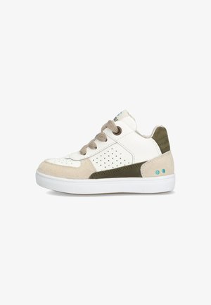 White and olive green sneaker with suede accents, perforated sides, beige laces, and white sole. Features small turquoise detailing on rear.