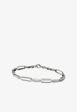 Bracelet argenté présentant des maillons allongés avec une combinaison de finitions polies et texturées, orné de petites pierres claires.