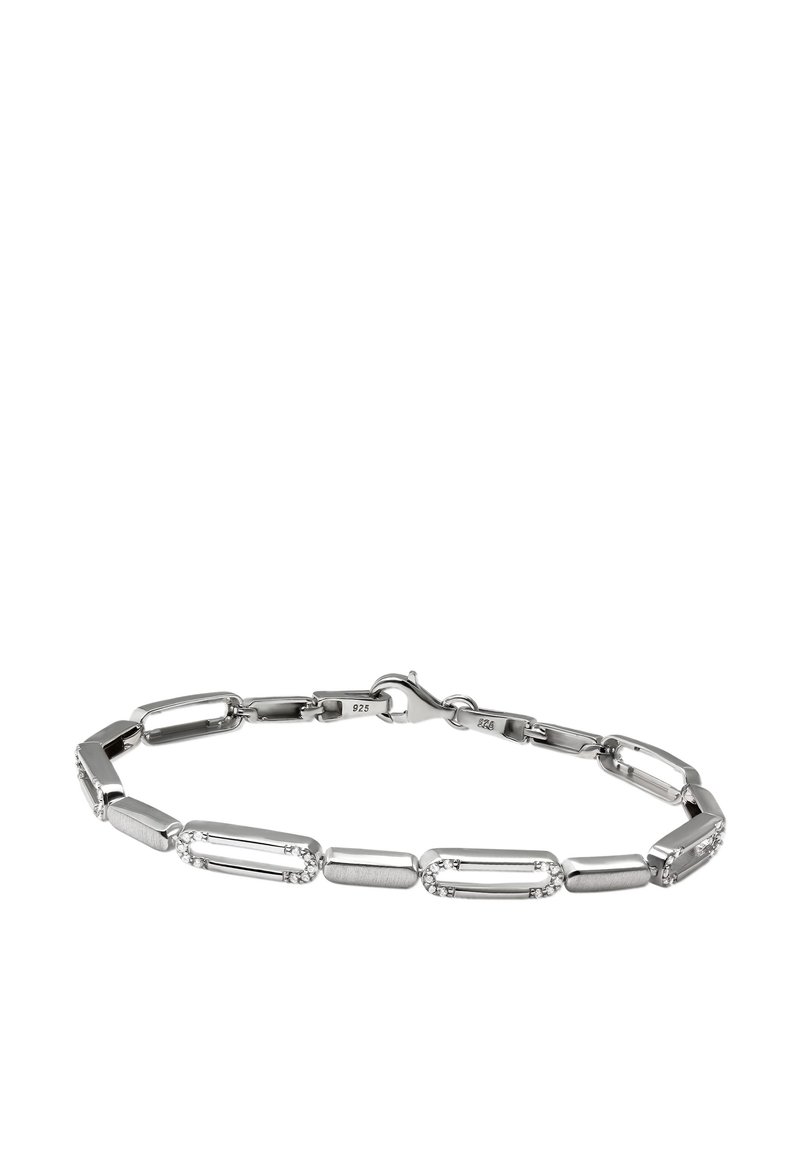 Bracelet argenté présentant des maillons allongés avec une combinaison de finitions polies et texturées, orné de petites pierres claires.