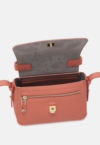Bolso rectangular compacto en cuero texturizado color coral. Cuenta con un bolsillo con cremallera de hardware dorado y un cierre de solapa con botón a presión. El interior está forrado con tela gris.