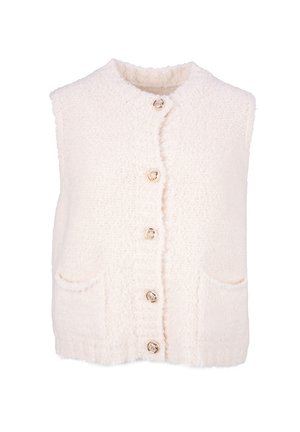 Flauschige helle Weste mit rundem Halsausschnitt, vorderen Taschen und fünf Knopfverschlüssen aus strukturiertem Stoff.