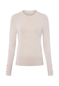 Beżowy sweter z długim rękawem, okrągłym dekoltem, miękką tekstur�ą, ściągaczami przy mankietach oraz dekoracyjnymi guzikami na końcach rękawów. Wykonany z lekkiego materiału.