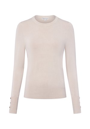 Beige Pullover mit langen Ärmeln und rundem Ausschnitt, weichem Material, gerippten Bündchen und dekorativen Knöpfen am Ärmelrand. Hergestellt aus einem leichten Stoff.