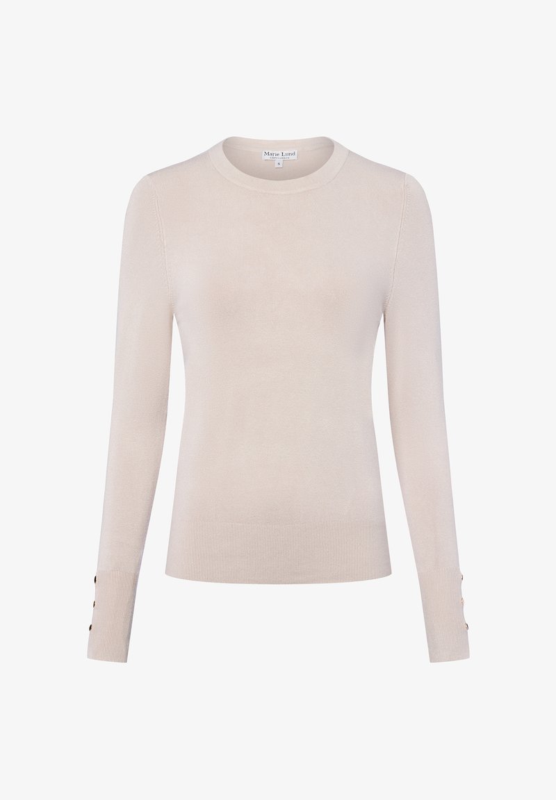Beige Pullover mit langen Ärmeln und rundem Ausschnitt, weichem Material, gerippten Bündchen und dekorativen Knöpfen am Ärmelrand. Hergestellt aus einem leichten Stoff.