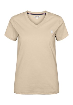 Beež lühikeste varrukatega V-kaelusega naiste T-särk väikese valge tikk-kirjaga logoga vasakul rinnal, bränd U.S. Polo Assn., suurus keskmine.
