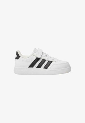 White sneaker with a textured upper, featuring black stripes and Velcro strap. Rubber sole for support and durability.