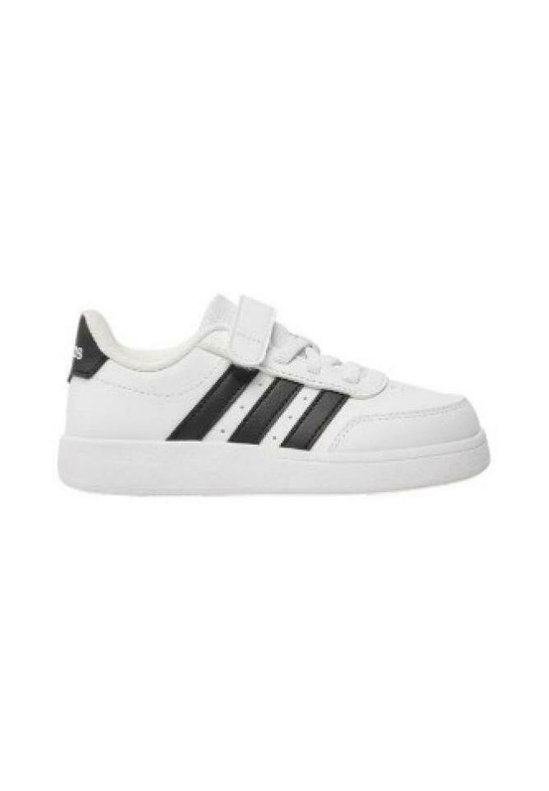 Sneaker bianco con tomaia texturizzata, dotata di strisce nere e cinturino in Velcro. Suola in gomma per supporto e durata.