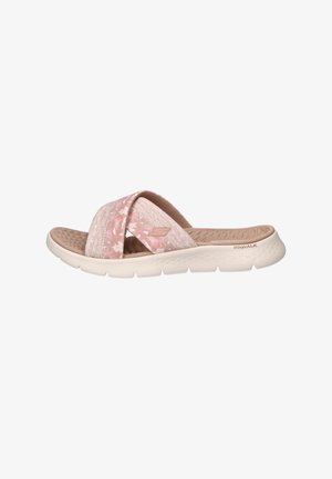 Women's pink slip-on sandal with crisscross fabric straps, cushioned footbed, and white textured sole labeled "GOWALK."