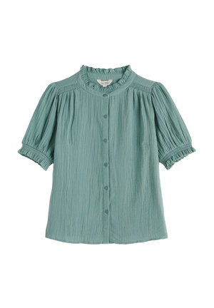Világos tengerzöld rövid ujjú blúz fodros gallérral és mandzsettával, elöl gombos lezárással, és redőzött anyagrészletekkel az ujjakon és vállakon.
