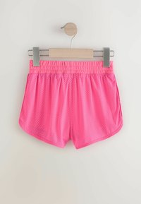 Roze sportshorts met een elastische tailleband, gemaakt van lichtgewicht meshstof, met een gestructureerd patroon en een gebogen zoom.