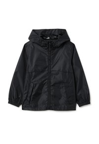 Veste noire légère avec capuche, fermeture éclair sur le devant, deux poches latérales et poignets élastiques, présentée sur fond blanc.