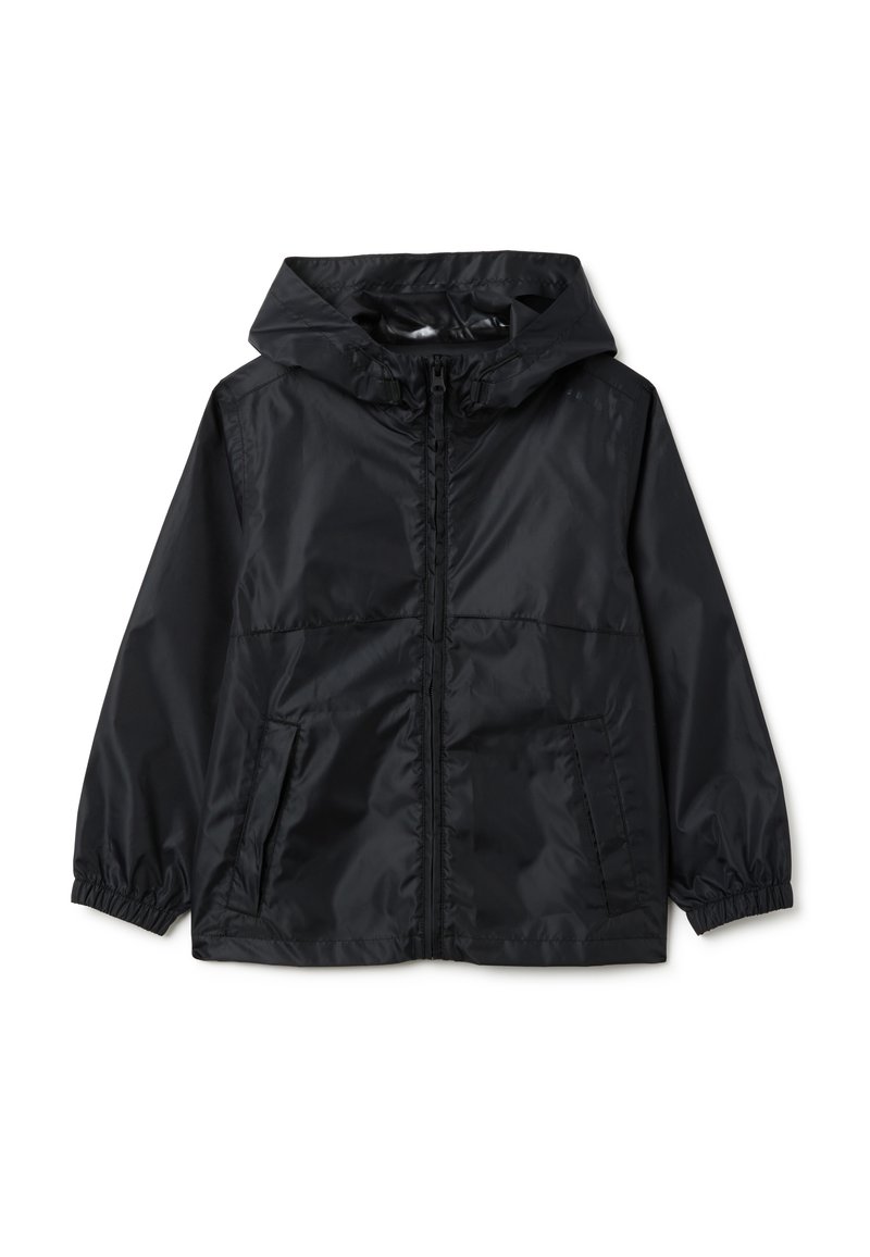 Veste noire légère avec capuche, fermeture éclair sur le devant, deux poches latérales et poignets élastiques, présentée sur fond blanc.