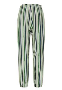 Lösa byxor med vertikala ränder i grönt, marinblått och beige, med resår i midjan och muddar vid anklarna.