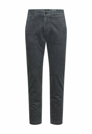 Dunkelgraue Cordhose mit Knopf- und Reißverschluss, vorderen Seitentaschen und Gürtelschlaufen, auf weißem Hintergrund abgebildet.