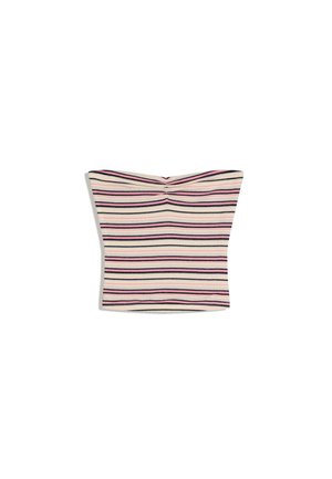 Tube-top med vandrette pink, sorte og cremefarvede striber, med en samlet detalje midt for på forsiden.