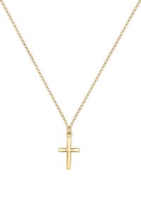 Collana di colore dorato con un semplice ciondolo a croce su una catena sottile. La croce è liscia, rettangolare e dal design equilibrato.