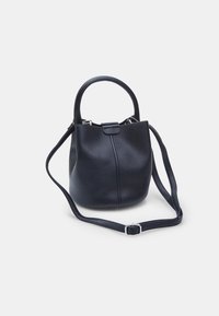 Black leather bucket bag with a textured finish, a short handle, and a detachable shoulder strap. Features a central vertical seam.