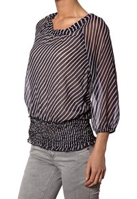 Blusa a righe blu navy e crema con maniche ampie e vita arricciata. Tessuto leggero e trasparente che crea un aspetto fluido.