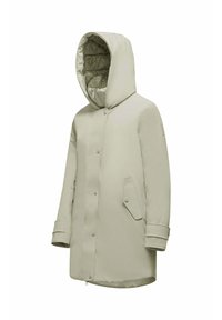 Lichtbeige middellange jas met een capuchon, voor knopen en twee zijzakken. Soepele stof met subtiele stikseldetails.