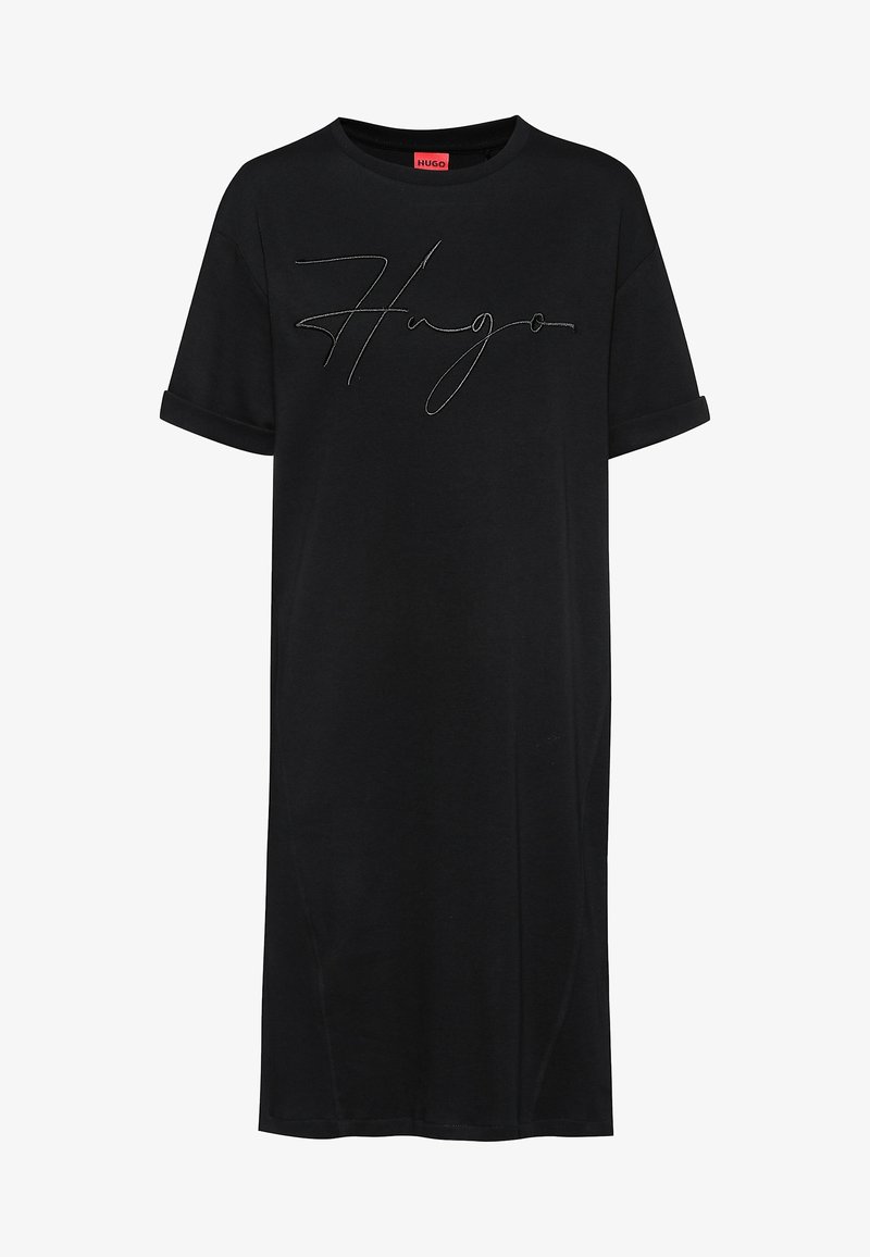Robe t-shirt noire à manches courtes avec revers aux manches et logo "Hugo" script brodé sur la poitrine.