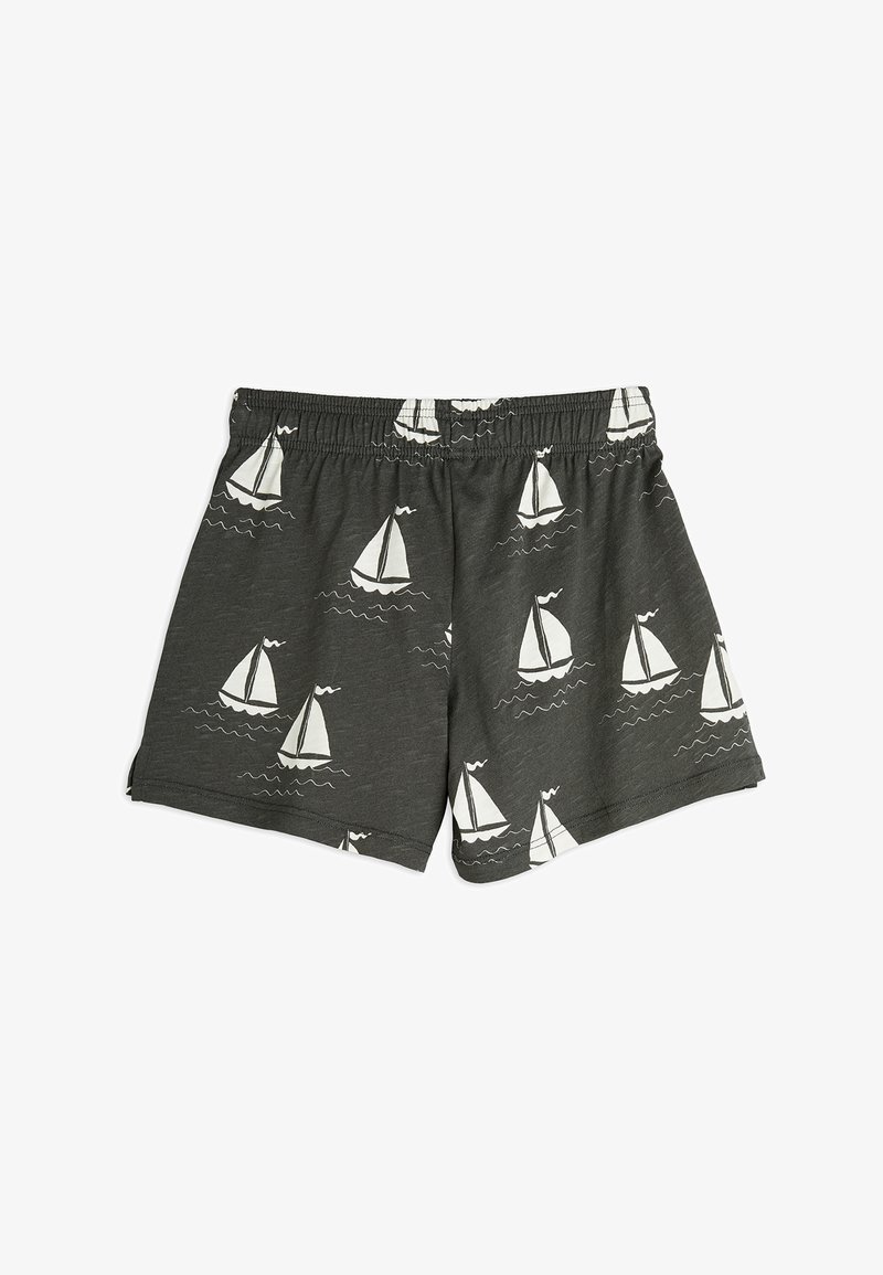 Gray shorts made of soft fabric, featuring a pattern of white sailboats and waves. Elastic waistband for comfort. Casual design.