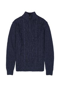 Marineblauer Strickpullover mit hohem Kragen, mit Zopfmuster und gerippten Bündchen und Saum. Reißverschlussteil am Hals. Strukturierter, warmer Stoff.