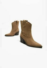Stivali alla caviglia in suede marrone con punta affilata e tacco a blocco, dotati di linguette laterali e una texture pulita e liscia.