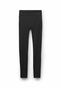 Leggings neri realizzati in un tessuto liscio ed elastico con una vita alta. Il design aderente crea una silhouette slanciata. Nessun motivo o dettaglio visibile.