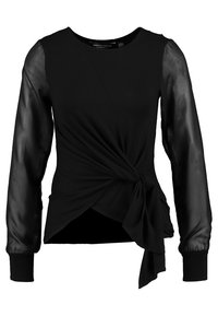 Black top featuring long, sheer sleeves and a front twist detail, made from smooth fabric with a soft texture. Round neckline with elastic cuffs.