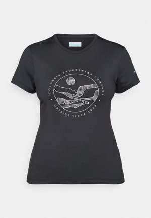 Schwarzes Columbia-T-Shirt mit weißer kreisförmiger Berg- und Fluss-Linienkunst und dem Text "Columbia Sportswear Company - Draußen seit 1938."