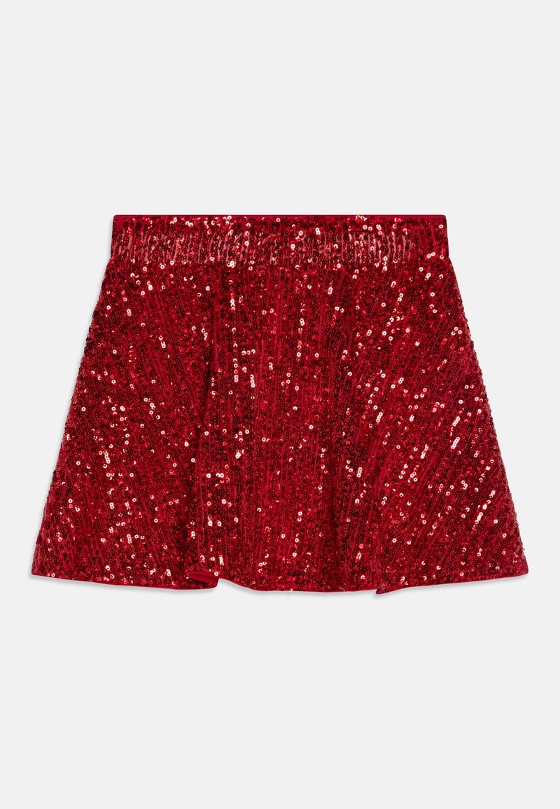 Jupe rouge à sequins avec une silhouette évasée et une taille élastique, scintillant uniformément sur le tissu sur fond blanc.