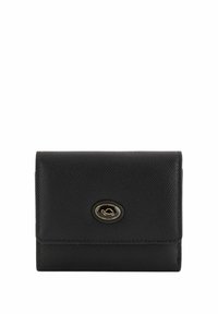 Billetera de cuero texturizado negro con un logo circular en tono dorado en la parte frontal, que cuenta con un diseño de tres pliegues y detalles de costura prolijos.