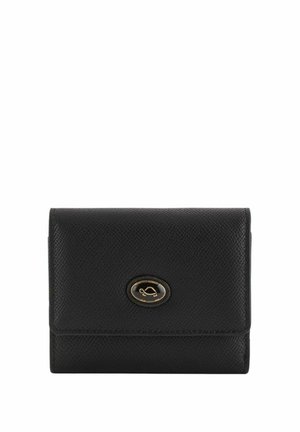 Portefeuille en cuir noir texturé avec un logo circulaire doré à l'avant, présentant un design à trois volets et de beaux détails de couture.