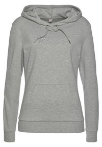 Světle šedá mikina s kapucí a přední kapsou, s tkaničkami, na hrudi s vyšitým logem "Bench" v bílé nitě.