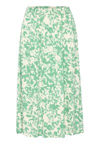 Zelená kvetinová midi sukňa so širokým elastickým pásom, vyrobená z ľahkej látky s voľným strihom a bielymi kvetinovými vzormi.