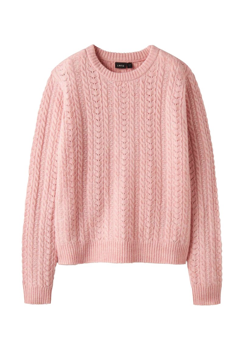 Helles pinkes Sweater aus strukturiertem Strick mit Zopfmustern. Verfügt über einen runden Halsausschnitt sowie gerippte Bündchen und Saum.