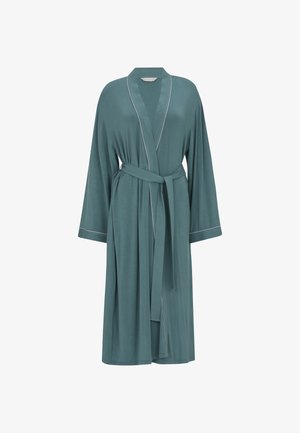 Zachte teal lange mouwen badjas met witte bies langs de randen, een brede kraag en een bijpassende tailleceintuur, weergegeven op een witte achtergrond.