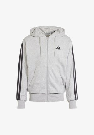 Grauem Reißverschluss-Hoodie aus weichem Material mit schwarzen Seiteneinsätzen, Kängurutaschen und Kapuze mit Kordelzug. Adidas-Logo auf der Brust.