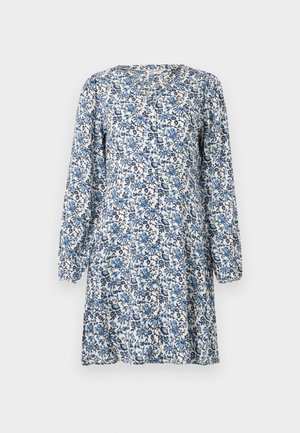 Φόρεμα με μακριά μανίκια, μήκος μέχρι το γόνατο, με μπλε λουλούδια σε λευκό φόντο, με στρογγυλή λαιμός και κουμπιά μπροστά.