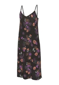 Blumenkleid mit dünnen Trägern, dunkler Hintergrund, mit lila und orangefarbenen Blumen sowie grünen Blättern. Weicher Stoff, V-Ausschnitt-Design.