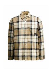 Camisa de cuadros en beige, marrón y negro. Diseño abotonado con un solo bolsillo en el pecho. Textura suave de franela; mangas largas.