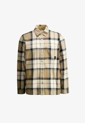 Camisa de cuadros en beige, marrón y negro. Diseño abotonado con un solo bolsillo en el pecho. Textura suave de franela; mangas largas.