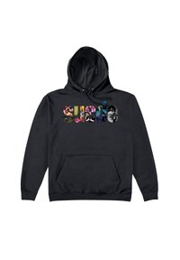 Svart hoodie med dragsko på huvan och en framficka, som har en flerfärgad grafisk text "suave" som består av olika bilder.