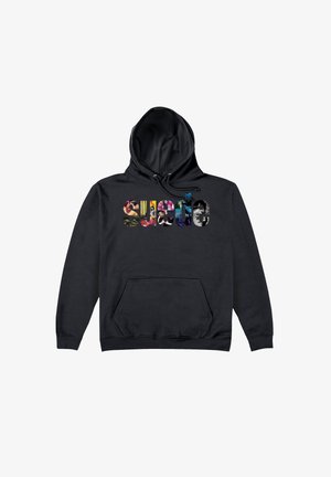 Sort hætte sweatshirt med snor i hætten og en frontlomme, prydet med en multifarvet grafisk tekst "suave" lavet af forskellige billeder.