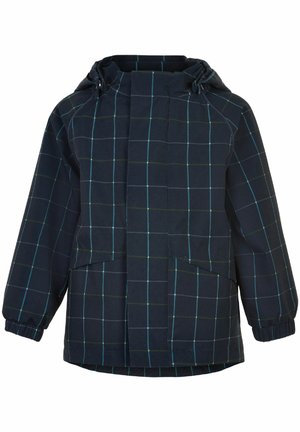 Veste à capuche bleu marine avec poignets élastiques et motif à carreaux vert et bleu clair, poches frontales et fermeture éclair dissimulée.