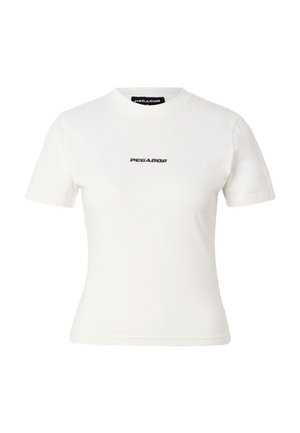 Bílé přiléhavé tričko s krátkým rukávem, uprostřed hrudi s černým nápisem "PEGADOR" a kulatým výstřihem.