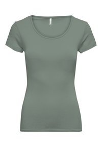 Green, short-sleeve T-shirt with a scoop neckline. Made of soft, stretchable fabric, it features a fitted design and smooth texture.